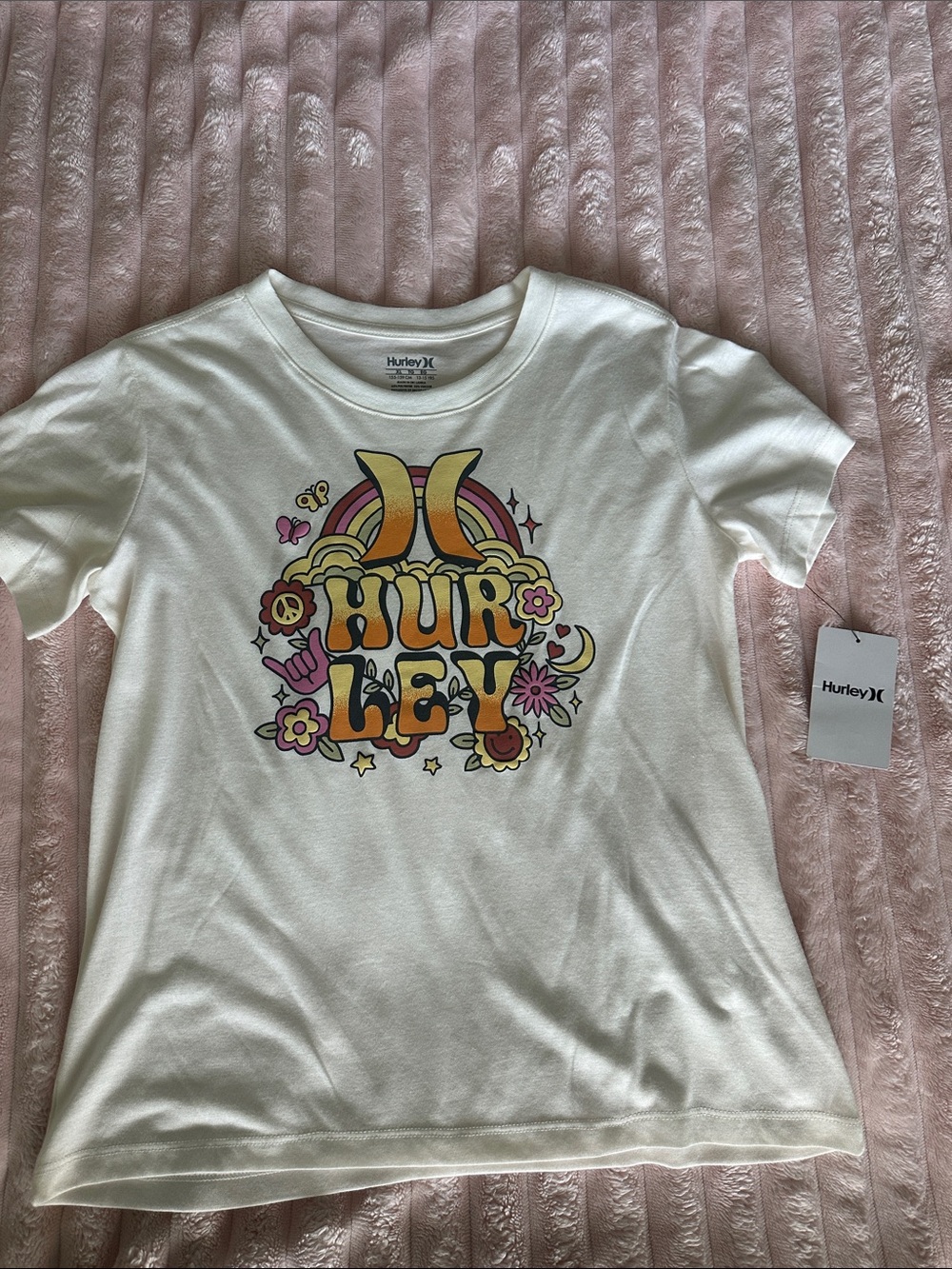 NWT Hurley Cream Retro Rainbow Floral Graphic Tee
